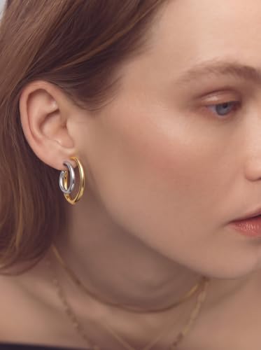 Two Tone Gold Silver Hoop Earrings Mixed Metal Open C Hoop Earrings - color: Double Hoop