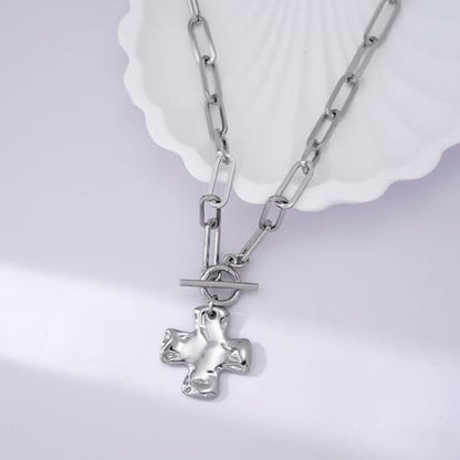 Chunky Cross Necklace for Women, 14K Gold Silver Pendant Necklace - color: White Gold-Toggle-1 inch pendant