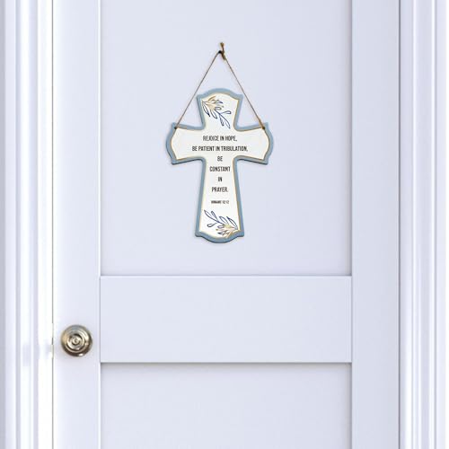Rejoice in hope, be patient in tribulation, be constant in prayer. Romans 12:12 11.5" x 8" Cross Hanging Sign | Rustic Twine | Inspiring Religious Bible Decor