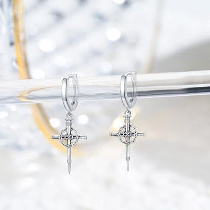 Cross Earrings for Women Men 925 Sterling Silver, Cross Hoop Drop Earrings, Christian Jewelry Gift for Women Men - style: Thorn Crown Cross Earrings