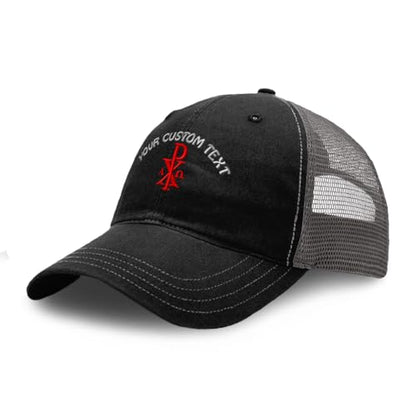 Custom Richardson Soft Mesh Cap Hat Embroidered Chi Rho with Alpha Omega Trucker Hats for Men & Women - color: Black Charcoal Personalized Text Here, size: One Size