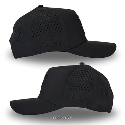 CITRUSY Athletic Trucker Golf Hat | Performance Mens 5 Panel Cap | Cool Breathable Waterproof Workout Running Snapback - color: Signature C. | Black