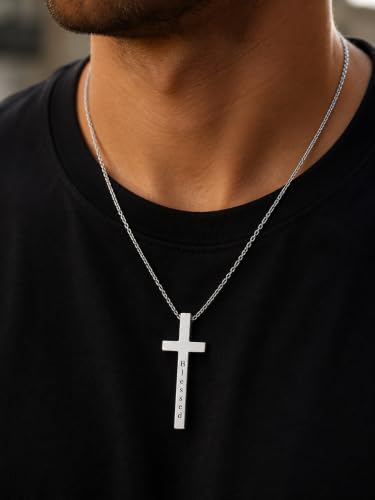 Engraved Cross Necklace for Men, Women & Boys & Girls Cross Necklace, Stainless Steel Cross Pendant Necklace, Faith & Inspiration Christian Jewelry Gift - color: Blessed
