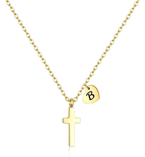 Tiny Cross Necklace for Kids Girls, Initial A-Z , Birthstone Cross Gifts - color: Yellow Color, style: B