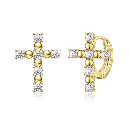 14K Gold Cross Huggie Earrings for Women Hoop Small Cross Earring - color: Gold Zircon Cross Hoop Earring