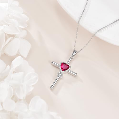 S925 Sterling Silver Cross Necklace for Women Birthstone Necklace Heart Infinity Cross Pendant Necklace Christmas Valentines Day Gifts Birthday Holiday Gifts for Her, 18"+2" Inches - color: 07-Jul Birthstone - Ruby