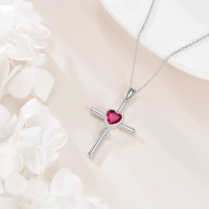 S925 Sterling Silver Cross Necklace for Women Birthstone Necklace Heart Infinity Cross Pendant Necklace Christmas Valentines Day Gifts Birthday Holiday Gifts for Her, 18"+2" Inches - color: 07-Jul Birthstone - Ruby