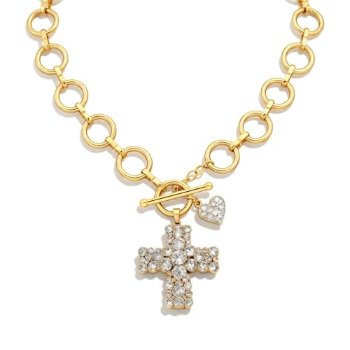 Chunky Cross Necklace for Women, 925 Sterling Silver Pendant with Copper Chunky Chain, Non Tarnish Statement Necklace for Daily Wear, Gift - color: Gold-02