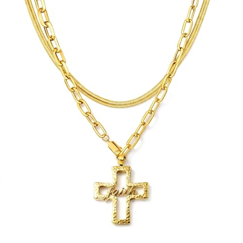 Chunky Cross Necklace for Women, 925 Sterling Silver Pendant with Copper Chunky Chain, Non Tarnish Statement Necklace for Daily Wear, Gift - color: Gold-01