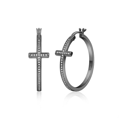 LOUMILEO Sterling Silver Cross Hoop Earrings for Women Rhinestone 20-40MM - color: Black 40MM