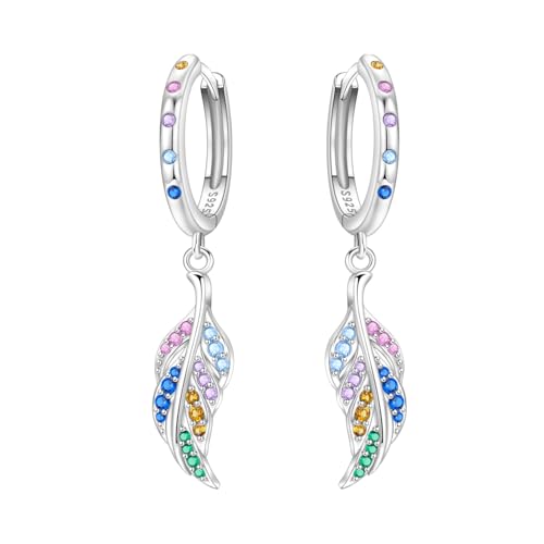 925 Sterling Silver Drop & Dangle Earrings for Women,Butterfly Dragonfly and Bee|Flower and leaf Earrings, Suitable for Sensitive Ears Fashion Jewelry Gift- Hypoallergenic Earrings - color: Colorful Feather Earrings