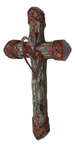 Ebros Gift Rustic Western Farmhouse Tooled 2 Intertwined Hearts Valentine Floral Scrollwork Turquoise Beads Wall Cross Decor Plaque Christian Catholic Decorative Accent Crosses