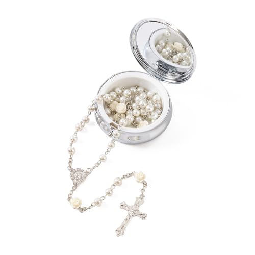Rosary Beads Catholic - Confirmation Gifts for Teenage Girl, Silver Simple Style Metal Gift Box, White Artificial Pearls Rosary, Gifts for Women - color: Off White (flower)