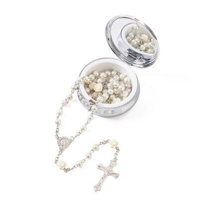Rosary Beads Catholic - Confirmation Gifts for Teenage Girl, Silver Simple Style Metal Gift Box, White Artificial Pearls Rosary, Gifts for Women - color: Off White (flower)