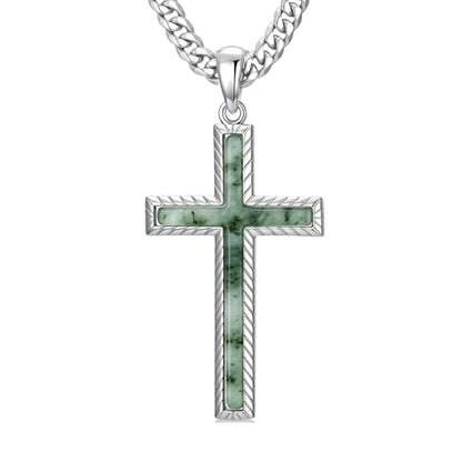MRENITE Silver Natural Stone Cross Necklace, Classic Latin Cross Pendant Necklace for Unisex Women Man, Vintage Crystal Quartz Cross Necklace with 20+2 Inches Adjustable Cuban Chain - style: Moss Agate