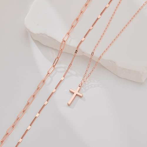 Poxtex Layered Gold Necklaces for Women, Stackable Dainty 14K Gold Silver Plated Trendy Simple Heart Diamond Cross Bow Circle Pendant Paperclip Choker Dot Chain Necklace,Jewelry Set Gifts for Women - color: Rose Gold, style: Cross1