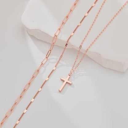 Poxtex Layered Gold Necklaces for Women, Stackable Dainty 14K Gold Silver Plated Trendy Simple Heart Diamond Cross Bow Circle Pendant Paperclip Choker Dot Chain Necklace,Jewelry Set Gifts for Women - color: Rose Gold, style: Cross1