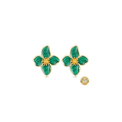 S925 Sterling Silver Flower Statement Earrings For Women Trendy - color: green style2