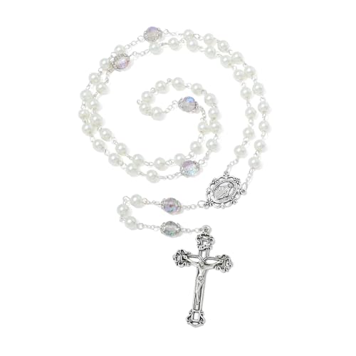 KOMI 6 MM Pearl Rosary Beads With Crucifix, Catholic Necklace for Women With Velvet Bag or Rosary Box - style: Rosary-5