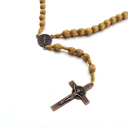tenghong2021 Wooden Christian Catholic Rosaries Necklace Prayer Beads Holy Cross Catholic Wood for Men Women Pastor - color: Light Brown