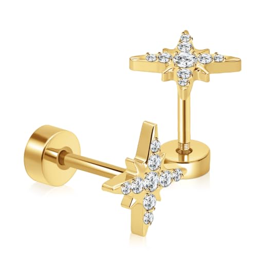 XUU 20G Flat Back Stud Earrings ASTM F136 Titanium & Sparkling CZ - color: gold cross star