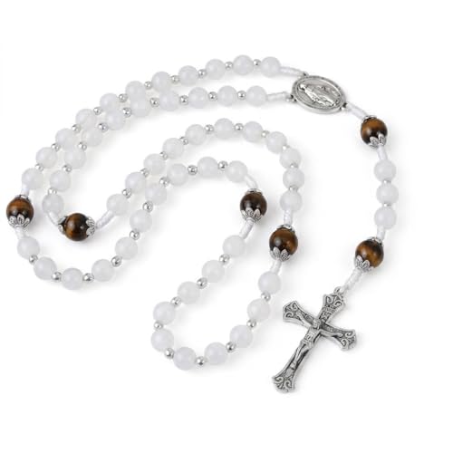 Nazareth Store 8mm White Jade & 10mm Natural Stone Beads Rosary Necklace St. Miraculous Medal & Cross Crucifix Catholic Prayer Beads Religious Jewelry - color: Tiger Eye