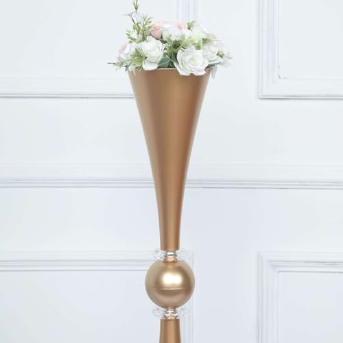 Efavormart 2 Pack | 27" Gold Crystal Embellishment Trumpet Table Centerpiece, Reversible Plastic Flower Vase - color: Gold, size: 27"