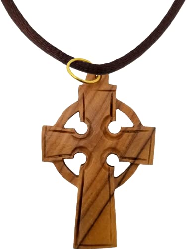 Logos Trading Post Celtic Cross, Wooden Cross Necklace for Men & Women, Certified Holy Land Olive Wood Orthodox Pendant Necklace from Bethlehem Israel, Christian & Catholic Religious Keepsake Gift - color: Solid with Ring