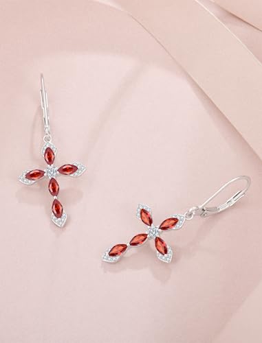 Birthstone Cross Earrings for Women 925 Sterling Silver - color: 01 January - Garnet