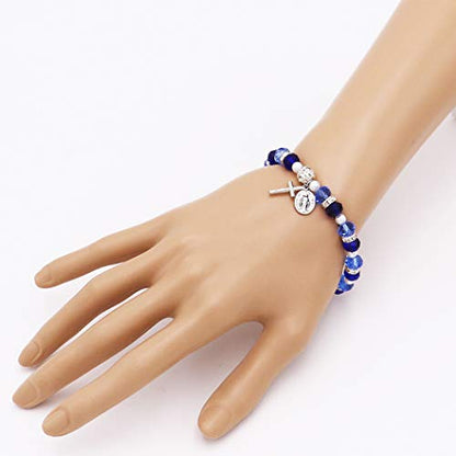 Rosemarie Collections Women's Beaded Stretch Rosary Bracelet with Crucifix and Miraculous Medal - color: Light and Dark Blue