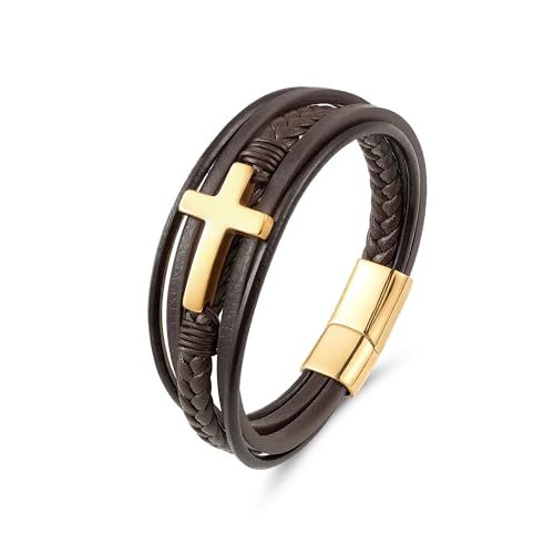 Mens Leather Cross Bracelet Braided Multi Layer Wristband with Stainless Steel Clasp - Christian Religious Gifts for Him(Brown/Black/Blue) - color: Brown Leather&Gold Plated, size: 9in(Fits larger wrists)