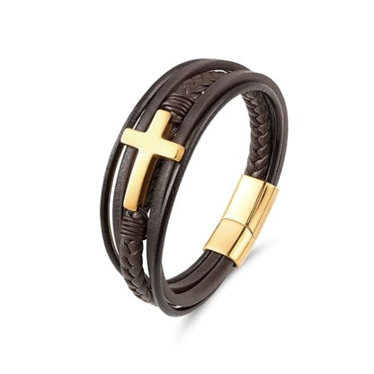 Mens Leather Cross Bracelet Braided Multi Layer Wristband with Stainless Steel Clasp - Christian Religious Gifts for Him(Brown/Black/Blue) - color: Brown Leather&Gold Plated, size: 9in(Fits larger wrists)