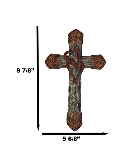 Ebros Gift Rustic Western Farmhouse Tooled 2 Intertwined Hearts Valentine Floral Scrollwork Turquoise Beads Wall Cross Decor Plaque Christian Catholic Decorative Accent Crosses
