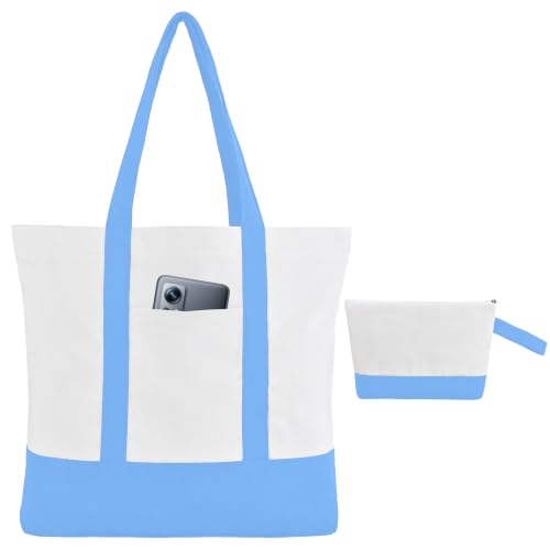2-Pack Canvas Tote Bags and Makeup Bags, Cotton Zipper Bag, Sky Blue - color: Sky Blue/White