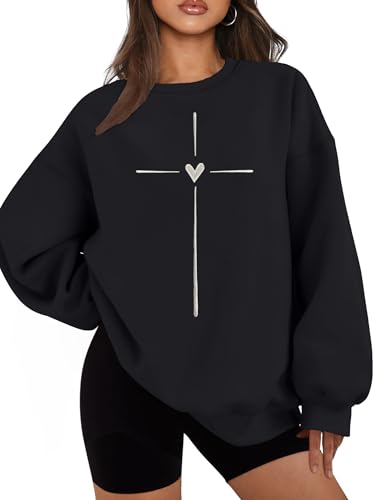 Christian Sweatshirts for Women Embroidered Jesus Cross Heart Print Shirt Inspirational Oversized Religious Pullover - color: Black, size: Small