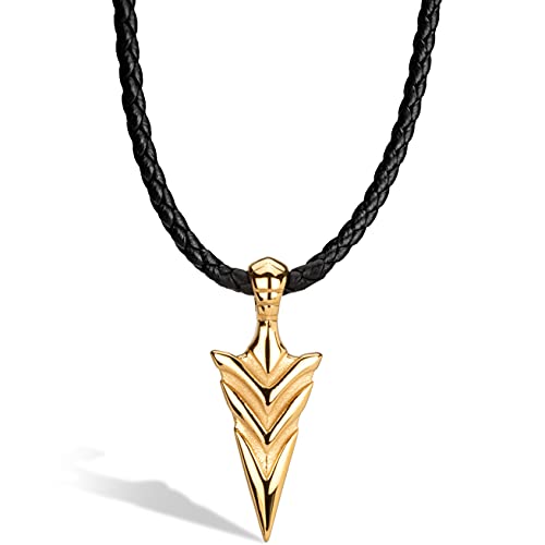 SERASAR Premium Leather Necklace Men | Stainless Steel Pendant | Secure Clasp | Three Colors | Jewelry Box Included - color: Gold, size: 60cm, style: Arrow
