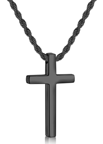 Fiusem Cross Necklace for Men, 2.5mm Rope Chain with Pendant - size: 22 Inch, style: Small black cross: 1.2" * 0.73"