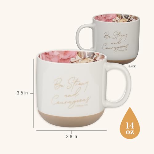 Christian Art Gifts Ceramic Floral Coffee Mug for Women - color: Strong & Courageous/White Floral, size: 14 Ounces