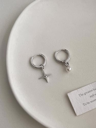 Asymmetric Cross Star Pearl Dangle Drop Hoop Earrings 925 Sterling Silver Post Small Huggie Hoops Charm Dangling Earring Cartilage Hypoallergenic Studs Fashion Jewelry for Women Daughter Niece