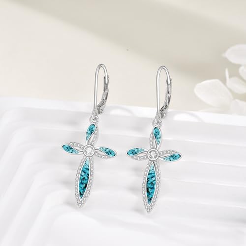 Cross Earrings 925 Sterling Silver Dangle Earring Gifts for Women - style: b-Turquoise