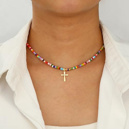 Colorful Beaded Cross Necklace for Girls Women, 14K Gold Plated Pendant Baptism Birthday Christian Religious Confirmation Trendy Stuff Gift 16+3 Inches - color: Gold, style: Bead
