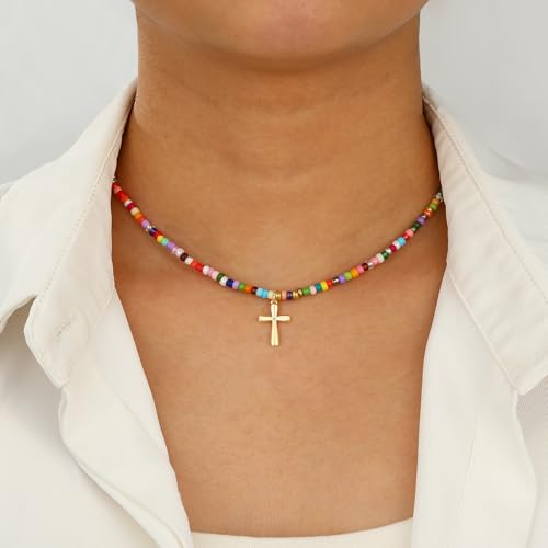 Colorful Beaded Cross Necklace for Girls Women, 14K Gold Plated Pendant Baptism Birthday Christian Religious Confirmation Trendy Stuff Gift 16+3 Inches - color: Gold, style: Bead