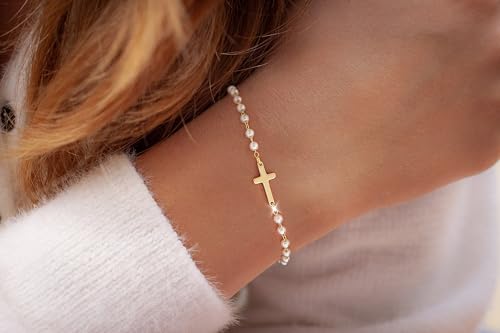 Moodear Cross Bracelet for Women, Dainty Sterling Silver/Gold Plated Gift - color: Pearl Gold Cross Bracelet