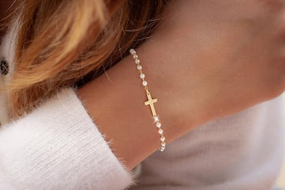Moodear Cross Bracelet for Women, Dainty Sterling Silver/Gold Plated Gift - color: Pearl Gold Cross Bracelet