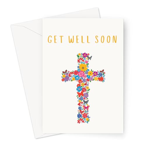 ARK & BAY Christian Get Well Soon Greeting Card | Flower Butterfly Cross Design | Isaiah 41:10 Bible Verse | Scripture Card For Illness, Accident For Men and Women of Faith (Flower Cross) - color: Flower Cross