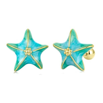 Cute Stud Earrings for Women Dachshund Koi Fish Sea Star Sea Turtle Sea Conch Earrings 14K Gold Plated Dainty Stud Earring funky Jewerly - color: Gold Sea Star