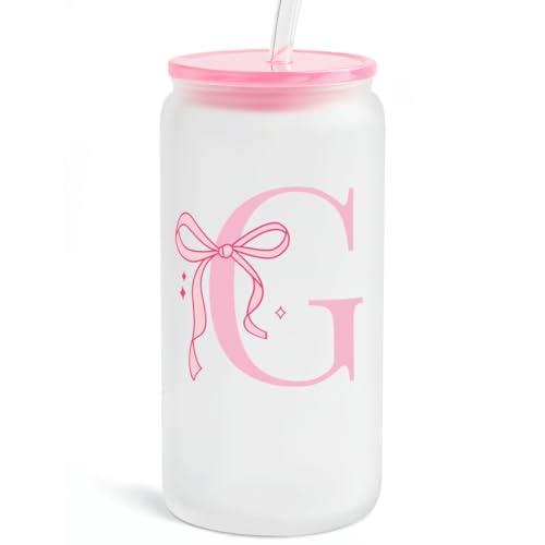 SANDJEST Monogrammed Glass Drinking Can Cup with Acrylic Lid and Straw, Personalized Frosted Iced Coffee Tumbler 16oz, Monogram Initial Gifts for Women Girls on Birthday (G) - color: G