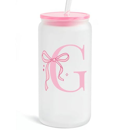 SANDJEST Monogrammed Glass Drinking Can Cup with Acrylic Lid and Straw, Personalized Frosted Iced Coffee Tumbler 16oz, Monogram Initial Gifts for Women Girls on Birthday (G) - color: G