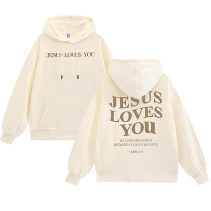 Christian Jesus Loves You Hoodies for Teen Religious Faith Sweatshirts Bible Verse Graphic Youth Hoodie - color: Apricot, size: Large