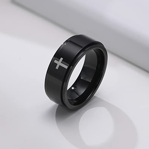 6mm/8mm Titanium Steel Black/Silver/Gold Fidget Ring Engraved Small Cross Stainless Steel Spinner Rings Stress Relieving Anxiety Ring Engagement Wedding Promise Band for Women Men Size 5-15 - color: 8mm Black
